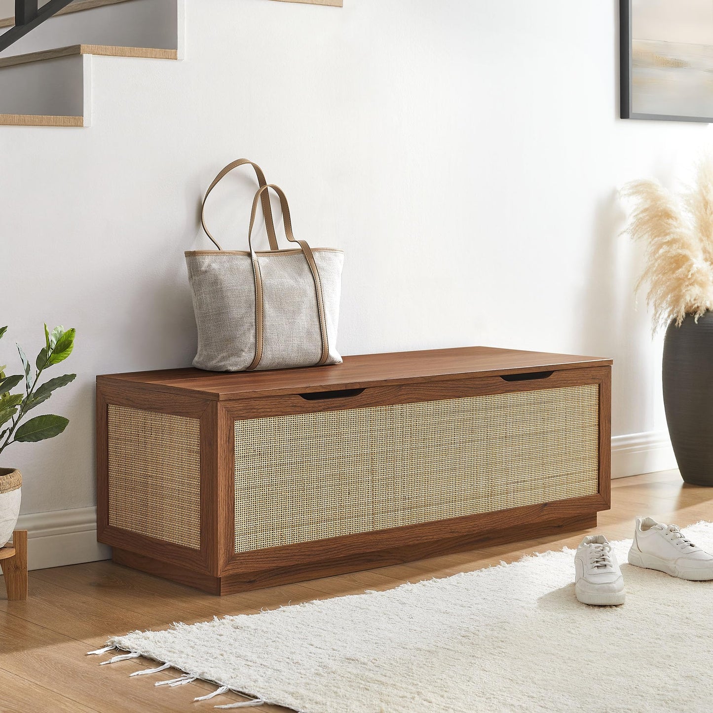 Modway Soma Rattan Storage Bench in Walnut – Faux Cane Flip-Top Low Profile Storage Ottoman for Bedroom, Entryway, or Living Room