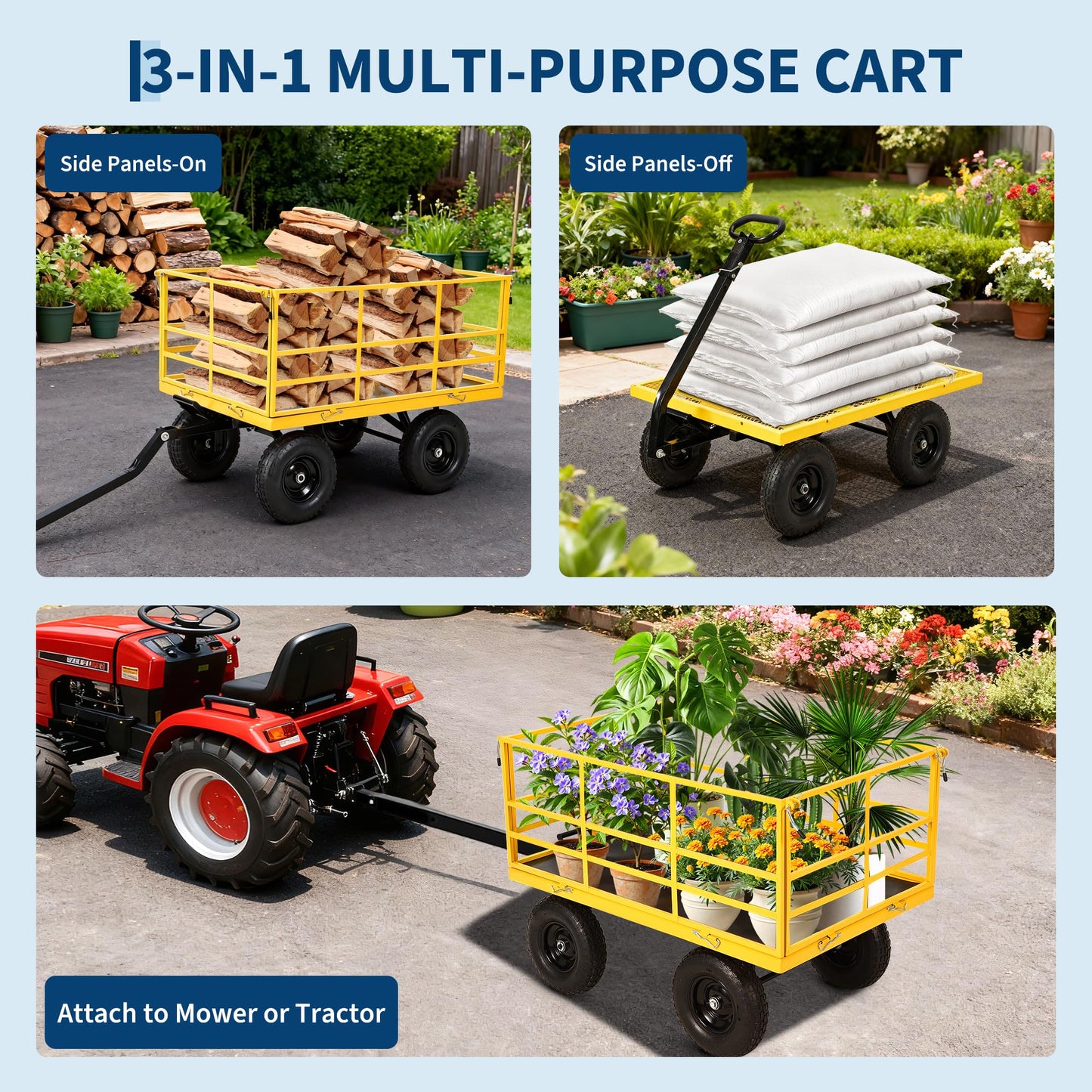 Patikuin 1500 lbs Heavy Duty Steel Garden Cart – 4-in-1 Utility Wagon – Removable Mesh Sides – 13-Inch All-Terrain Wheels – Quick Dump – Outdoor Yard Wagon for Tools, Soil, Plants – Yellow