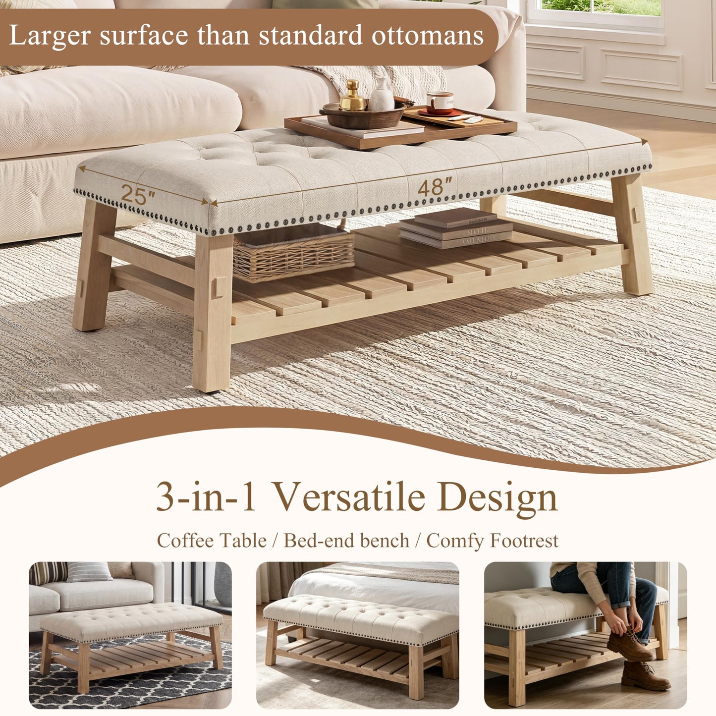 Merax 48" Large Rectangle Linen Blend Ottoman Coffee Table, Button Tufted with Slatted Storage Shelf, Upholstered Footstool Bench with Nailhead Trim & Solid Wood Legs, Seats for Living Room, Beige