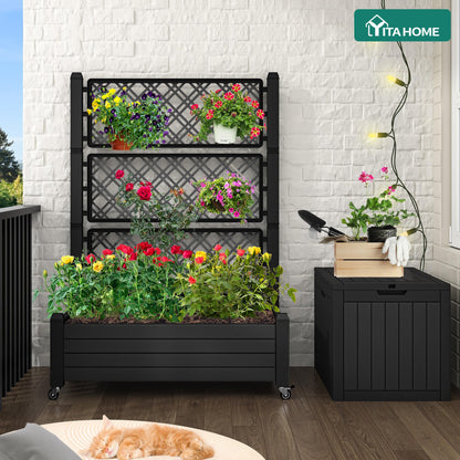 YITAHOME 43.3x17.7x61 in Planter Box with Trellis 2pcs Outdoor Resin Raised Garden Bed with Wheels & Drain Plug for Climbing Plants, Weather-Resistant Outdoor Privacy Screen, Black