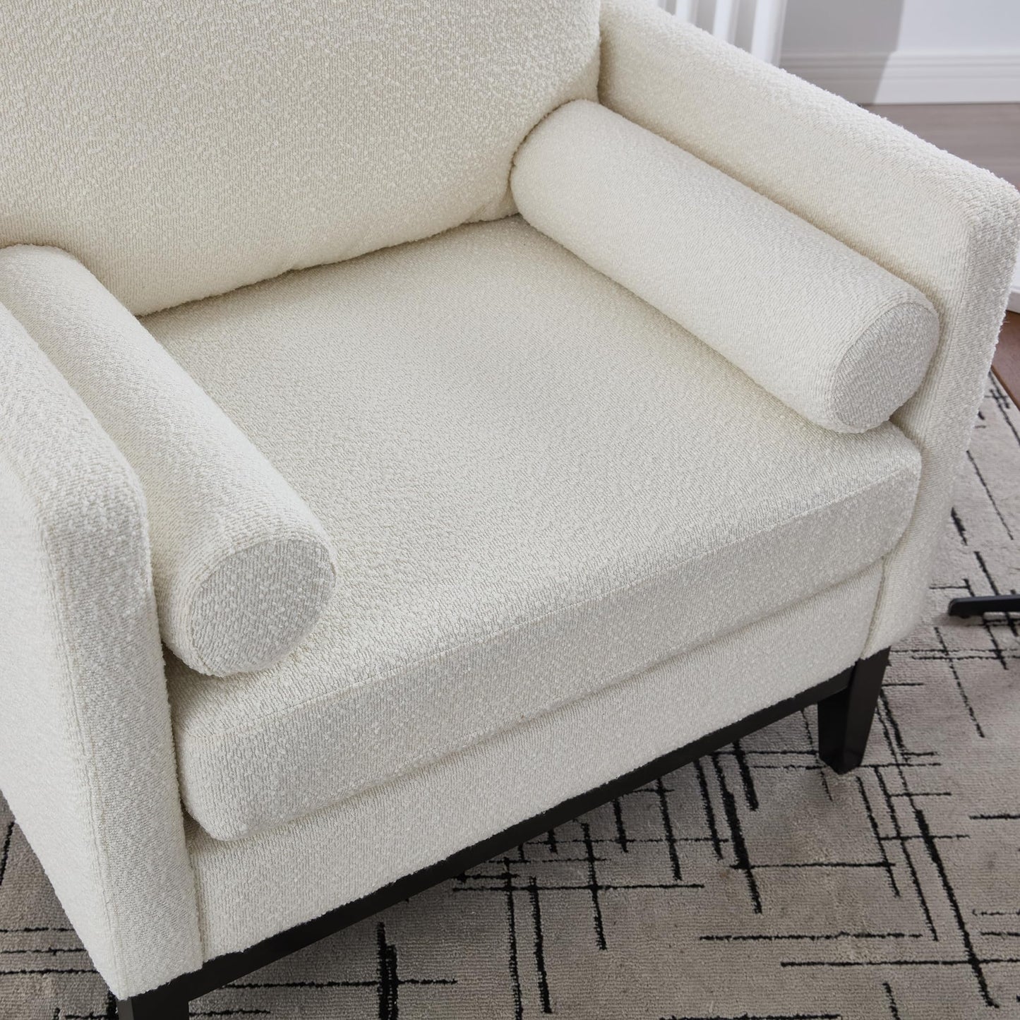KEIKI 35.4" W Upholstered Accent Chair with 2 Pillows, Farmhouse Boucle Single Sofa with Wood Legs for Living Room & Office, Ivory and Black