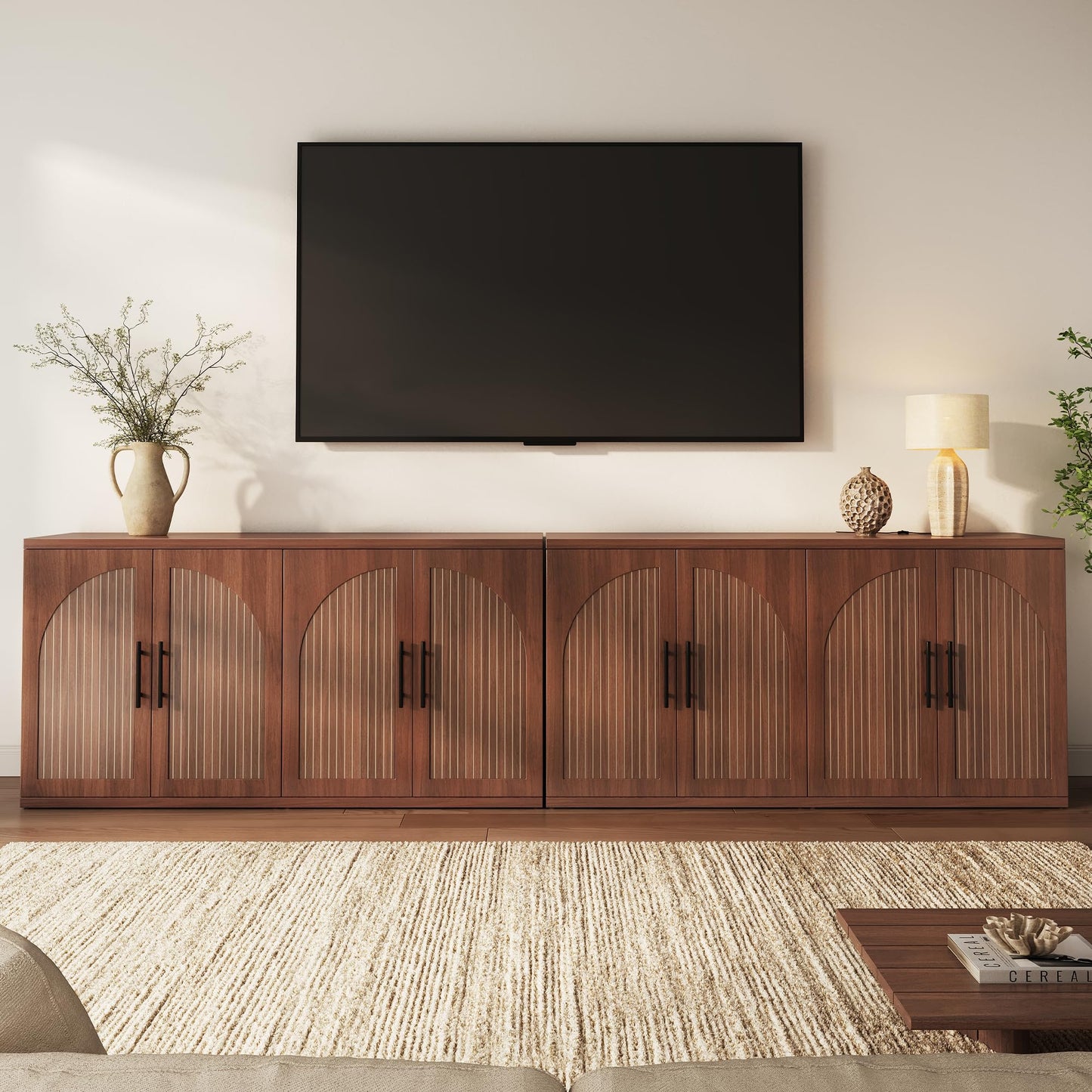 MapleGrace 63" Fluted Buffet Cabinet with Storage, Mid-Century Symmetrical Arched Sideboard Credenza with Adjustable Shelf, Large Wood Console Table for Dining Room, Kitchen, and Living Room (Walnut)