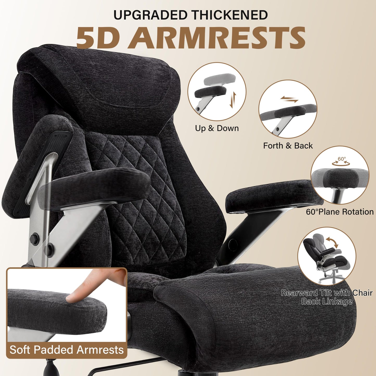 Fabric 700lbs Big and Tall Office Chair, Ergonomic Heavy Duty Executive Cloth Office Chair with 5D Flip Arms & Adjustable Lumbar Support & Dual Rubber Wheel, Large Thick Padded Extra Wide Seat, Black