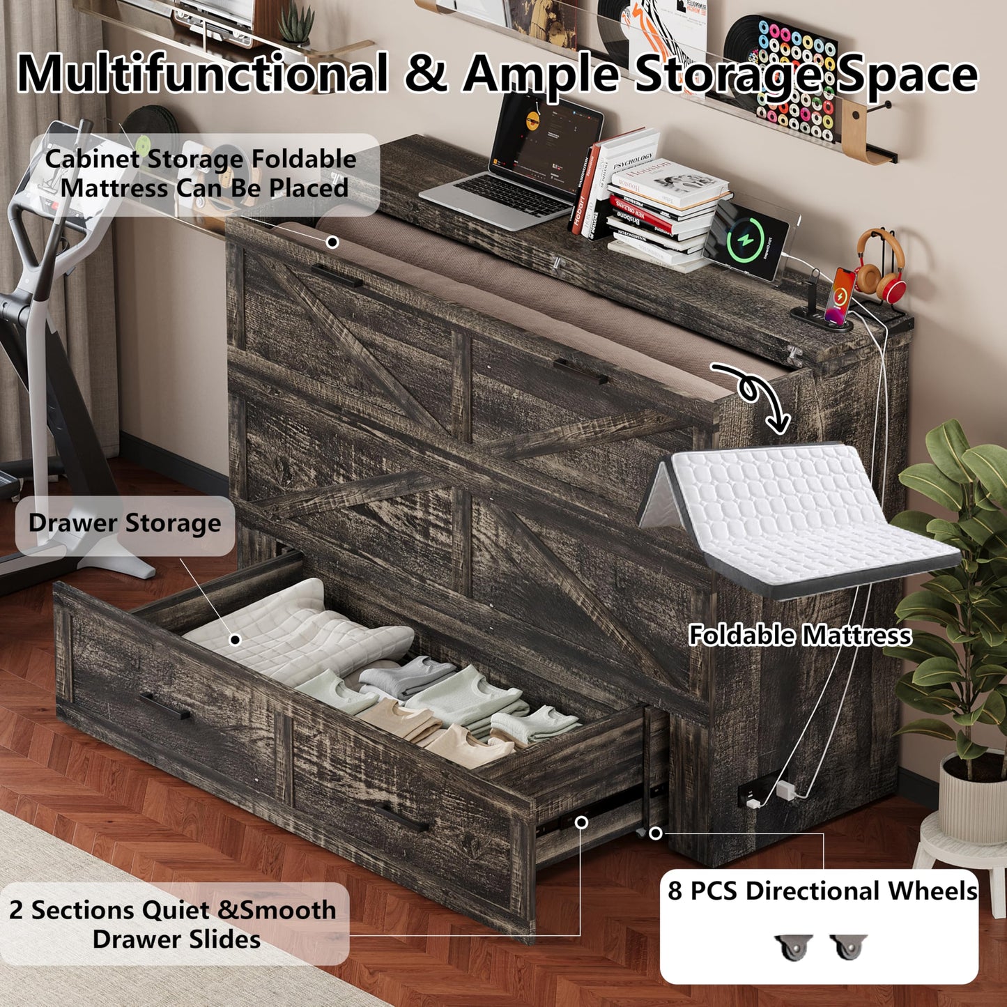 Queen Murphy Bed with Charging Station,Farmhouse Murphy Beds w/Large Storage Drawer,Hideaway Foldable Platform Bed for Guest Bedroom, Living Room, Office,Small Room,Pull Out Bedframe,Grey
