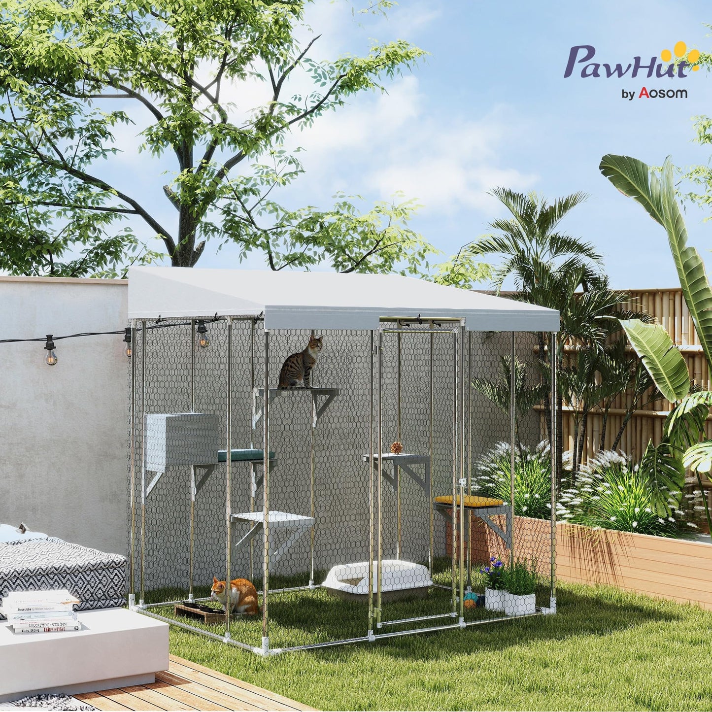 PawHut Catio Outdoor Cat Enclosure, 79" Large Walk-in Cat House with Waterproof Cover, Resting Box, 5 Jumping Platforms, Chicken Run Coop, Rabbit Hutch, Feral Cat Shelter Sloped Roof
