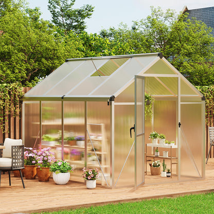 6×8 FT Greenhouse, Large Walk in Greenhouses for Outdoors and Garden Planting, Polycarbonate Greenhouse with Enhanced Aluminum Frame, Green Houses with Quick Setup Structure and Roof Vent, Silver