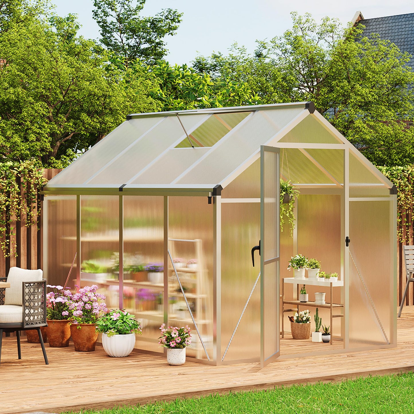 Garvee 6 x 8 FT Greenhouse, Greenhouses for Outside, Polycarbonate Greenhouse with Aluminum Frame, Lockable Door and Ajustable Roof Vent for Backyard, Green Houses for Outside Garden Backyard, Patio