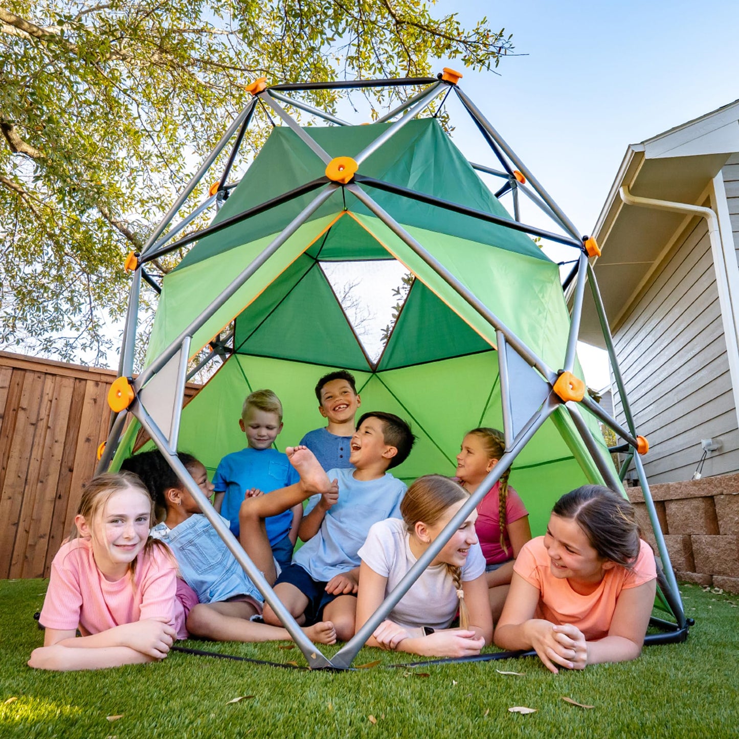 gobaplay Summit Pro Climbing Dome with Tent, 600 lb Capacity, Green - Outdoor 7.5' Non-Slip Rock Climber, Backyard Playset for Kids 6+