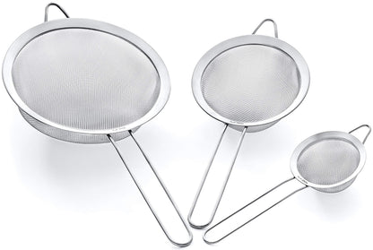 Proto Future Strainer Set Fine Mesh – Premium 304 Stainless Steel (18/8) – 8″, 5.5″ and 3.3″ Sturdy Kitchen Strainers (Silver)