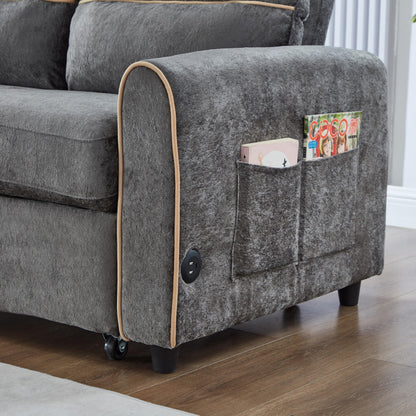 Eafurn 3 in 1 Convertible Sleeper Sofa Pull Out Couch Bed, 58" Chenille Futon Loveseat Recliner Daybed w/Reclining Backrest,Side Pockets and USB Ports for Living Room