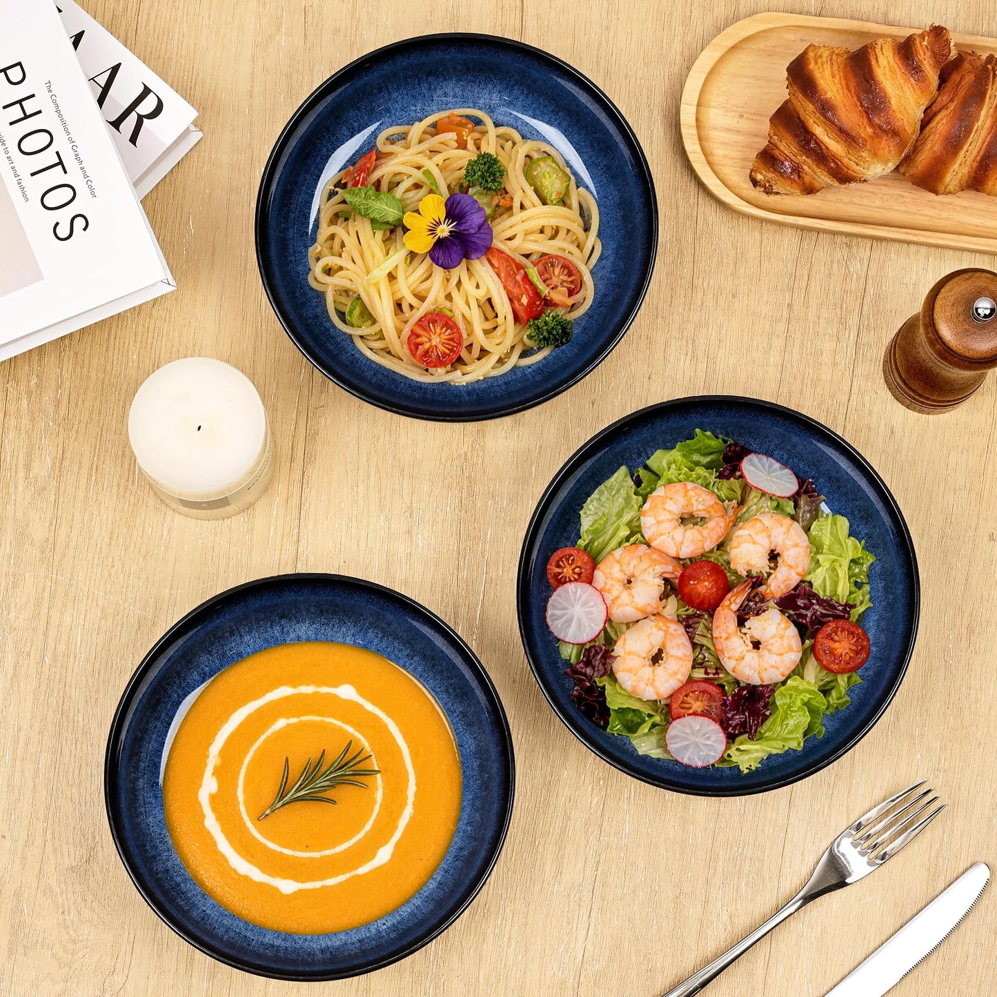 Ollieroo 4 Pieces 7.8 Inch Ceramic Pasta Bowls Set, 37oz Porcelain Reactive Glaze Salad Bowls Set, Large Serving Bowls Set for 4, Wide Bowls for Soup, Cereals, Fruit, Dishwasher Microwave Safe, Blue