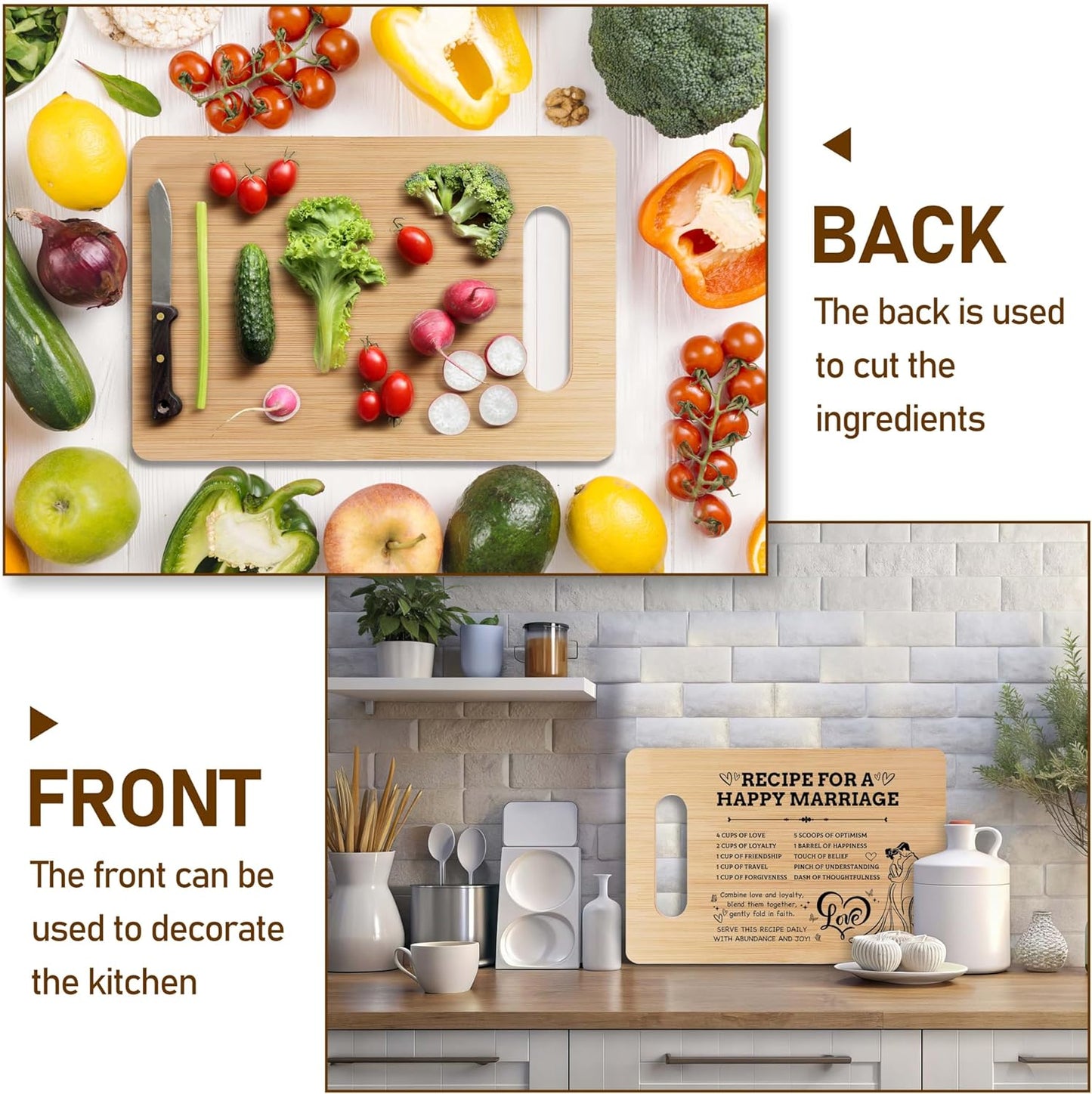 Wedding Bamboo Cutting Board Gifts, Recipe for a Happy Marriage, Engagement & Bridal Shower Gifts for Couples