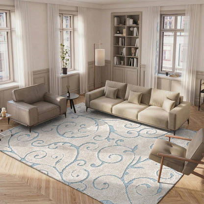 SAFAVIEH Area Rug 8x10 - Florida Shag Collection - Large - Beige & Blue Grey, Scroll Design, Non-Shedding & Easy to Clean, High-Low Plush Pile, Ideal for Living Room, Bedroom, Dining (SG455-1155)