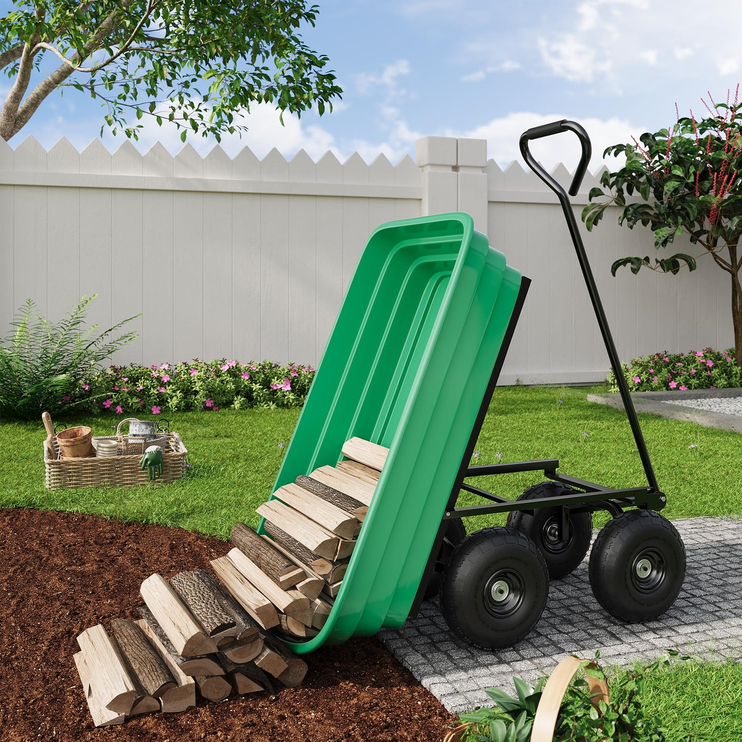 Tedyle Heavy Duty Garden Dump Cart – 4 Cu.Ft. Yard Wagon with 10-Inch No-Flat All-Terrain Wheels, 180° Rotating Handle & Quick-Release Dumping, Perfect for Outdoor Gardening, Farms & Lawns