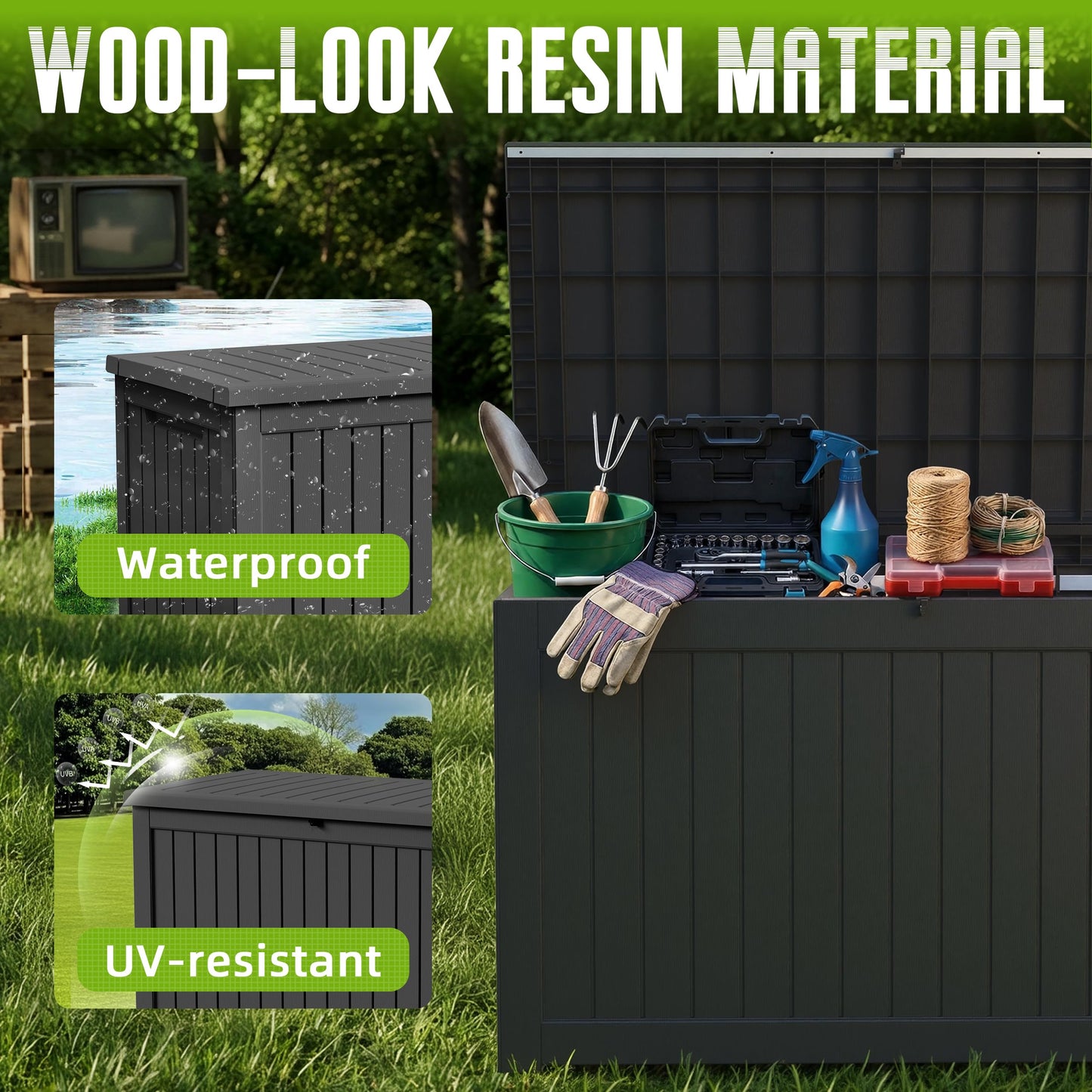 DRATO 280 Gallon Deck Boxes Outdoor Waterproof, Resin Large Lockable Storage Box with Lid, Outdoor Storage Bench Patio Cushions Furniture, Garden Tools, Pool Accessories(Black, 280 Gallon)