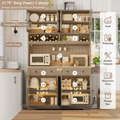 HOSTACK 75.4" Tall Kitchen Pantry Cabinet with Charging Station, Modern White Kitchen Hutch with Microwave Stand and Wine Rack, Large Food Pantry Storage Cabinet with Glass Doors and Drawers, Ash Gray