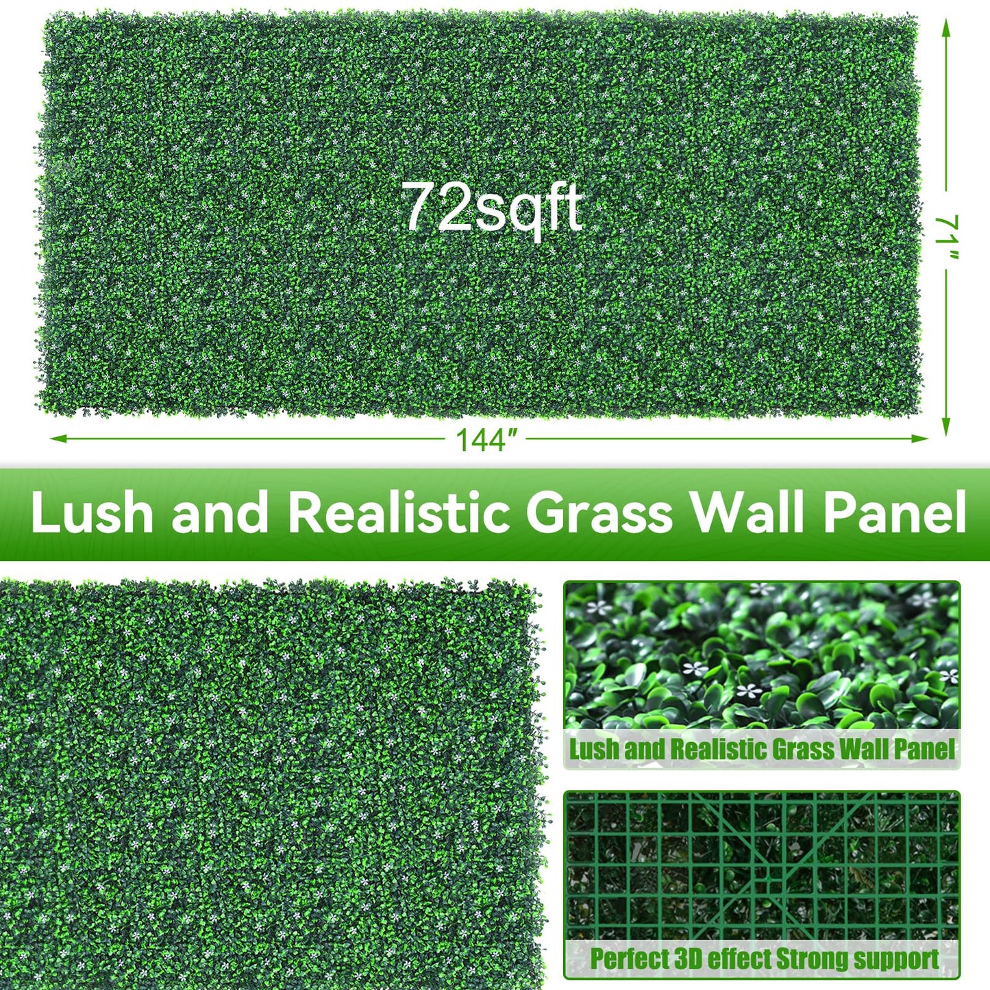 EverNature EverNture 71"x144"(72 SQFT) Grass Wall Panels, Artificial Grass Backdrop, Fake Greenery Plant Boxwood Roll with Flower, Green Wall Decor for Outdoor Indoor Patio Garden Backyard