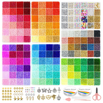 Redtwo 3mm 45000pcs Glass Seed Beads Kit, 7 Boxes 144 Colors Small Beads for Bracelets, Friendship Bracelet Kit with Charms and Letters