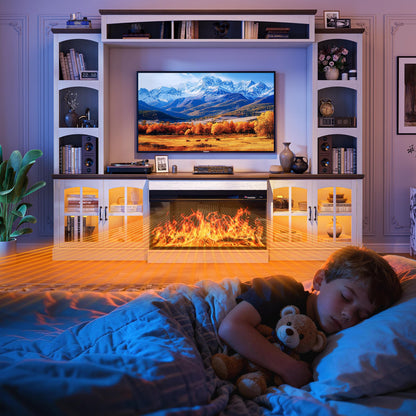 OneBlis 98" Farmhouse TV Stand with 36" Electric Fireplace, Bookshelves, Fits 75" TVs, Entertainment Center with Storage Cabinet, Large Wall Unit Media Console for Living Room, White