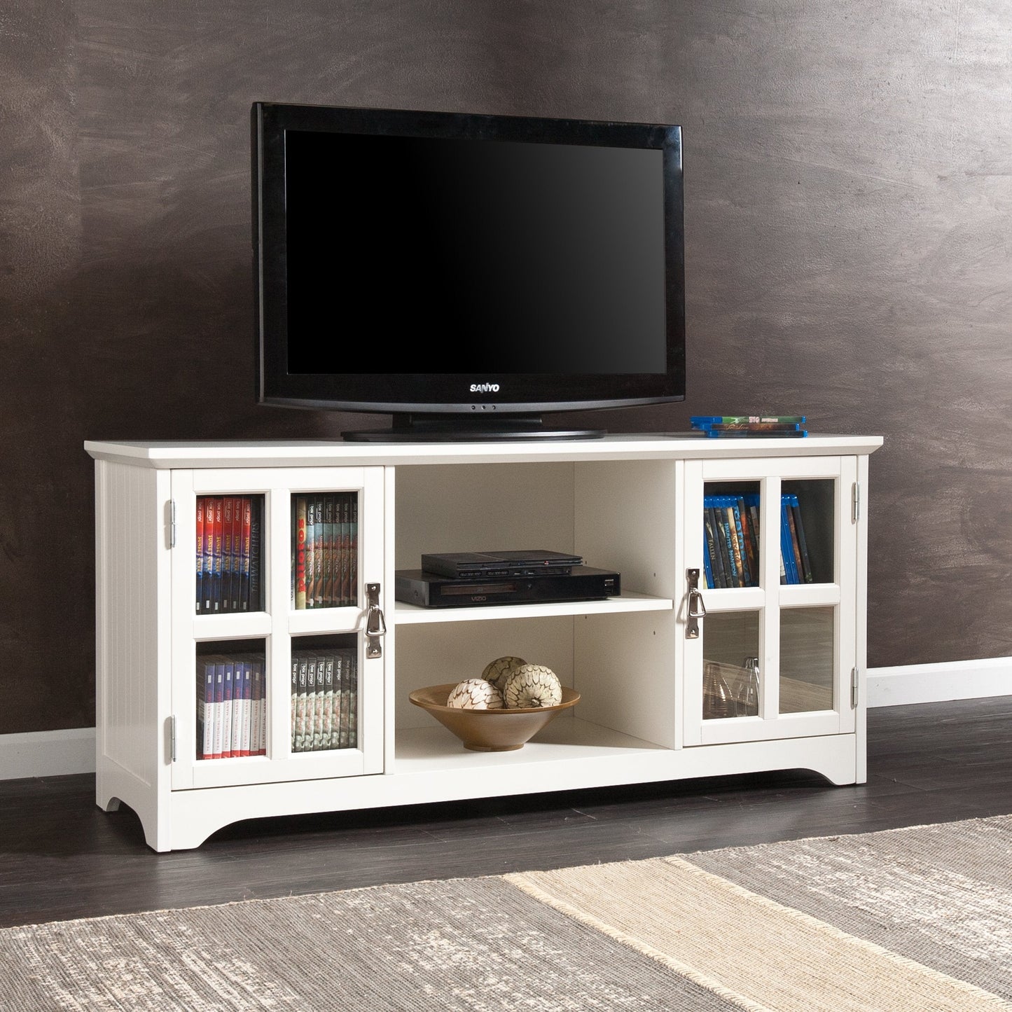 SEI Furniture - Remington TV Media Stand - White - Transitional Design, White Glass and Wood - Ideal for Living Room, Family Room (MS9908)