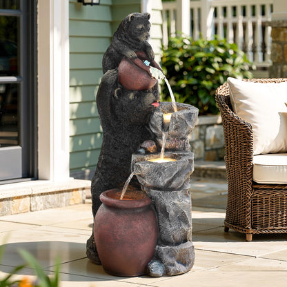 Ultym 37.5" H Resin Playful Twin Bear Fountain Outdoor, Whimsical Multi-Tiered Stone Vessel Water Feature Outdoor with Lights, Soothing Cascading Waterfall for Patio, Backyard, Garden or Porch