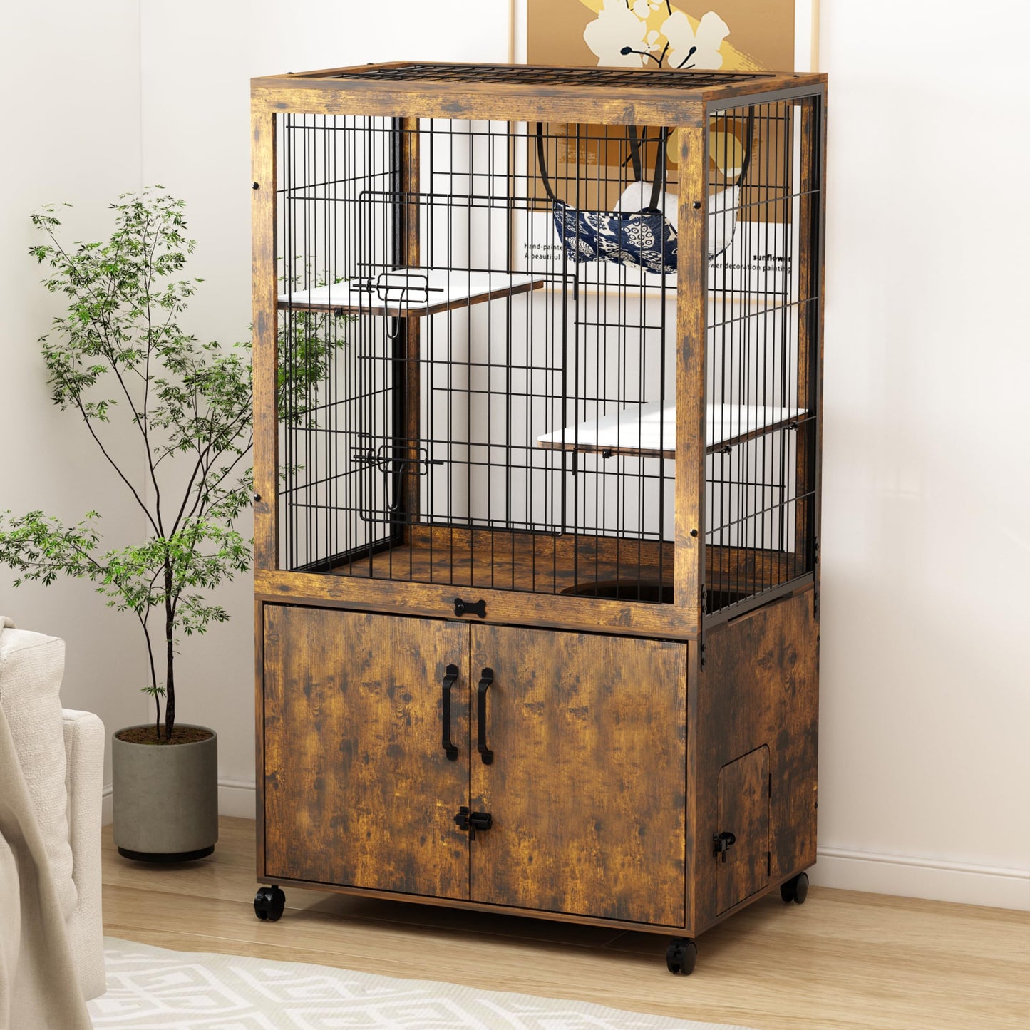 Megidok Furniture Cat Cages Indoor with Wooden Hidden Litter Box Enclosure Built-in Urine Cover Cat Kennel Cat Crates Cat Playpen - Rustic Brown