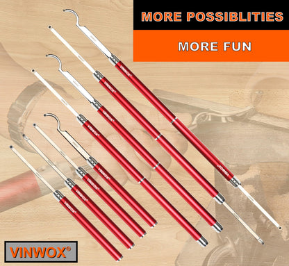 VINWOX 9 PCS Carbide Wood Lathe Turning Tool Set, Pen Turning tools, Including Swan Neck Hollower, Rougher, Finisher, Detailer, Aluminum Handles from 14" to 29", Fine Polished Stainless Steel Shank