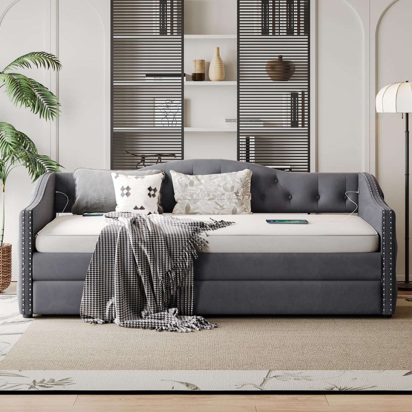 GDFStudio Twin Size Bed Frame with Trundle, Upholstered Twin Daybed with USB Charging Station, Diamond Tufted Velvet Sofa Bed, Wood Platform Twin Bed Frame with Solid Slat, No Box Spring Needed, Gray