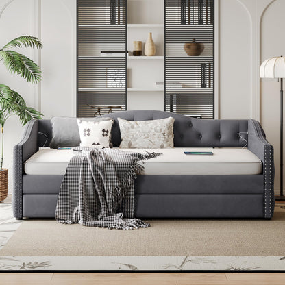 GDFStudio Twin Size Bed Frame with Trundle, Upholstered Twin Daybed with USB Charging Station, Diamond Tufted Velvet Sofa Bed, Wood Platform Twin Bed Frame with Solid Slat, No Box Spring Needed, Gray
