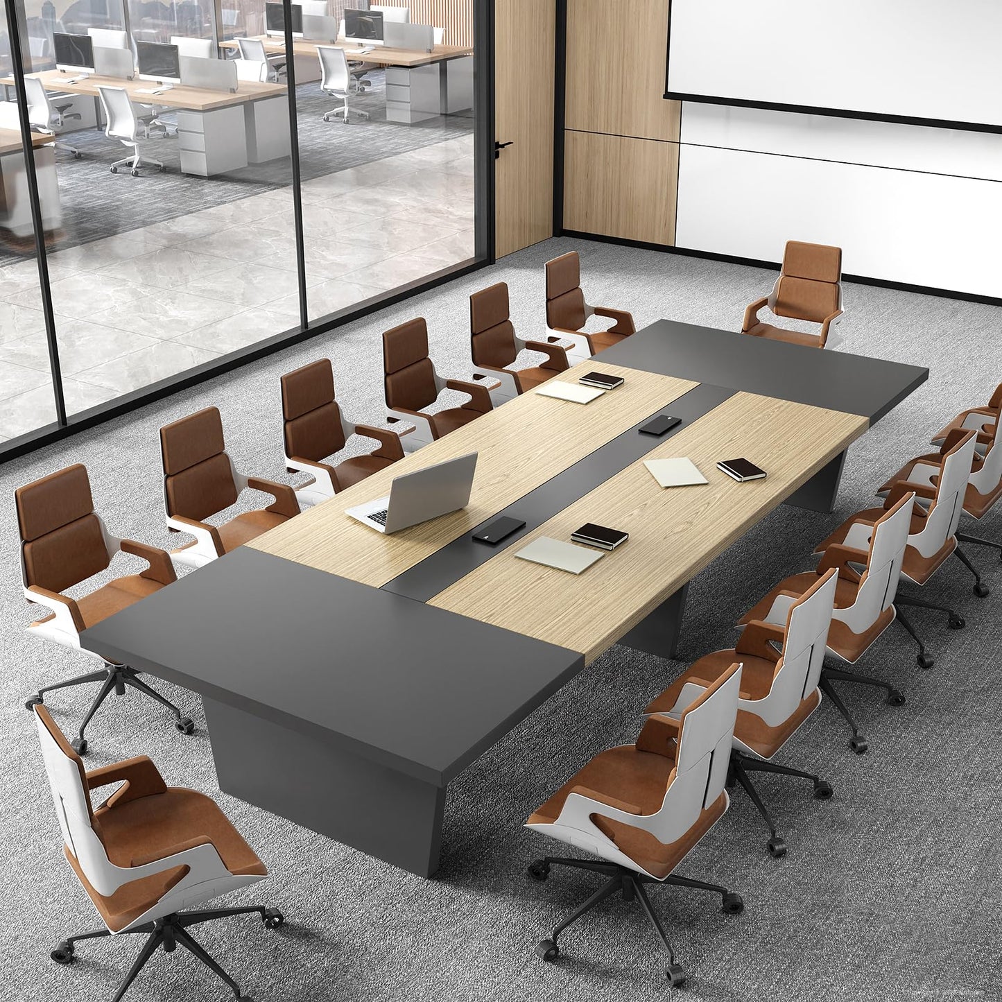 Nuipesn 95" Rectangular Conference Table, Seats 8-10, Built-in Power Outlets & USB Charging Ports, Cable Management, 2-Inch Thick Top, Oak/Grey