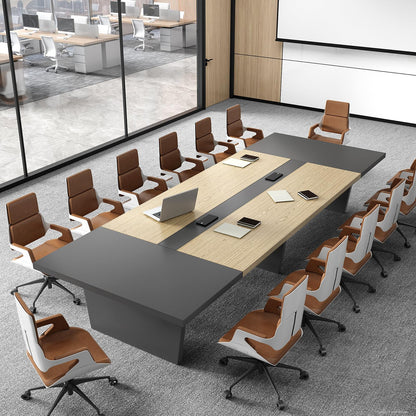 Nuipesn 95" Rectangular Conference Table, Seats 8-10, Built-in Power Outlets & USB Charging Ports, Cable Management, 2-Inch Thick Top, Oak/Grey