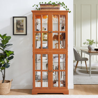 KEIKI Floor Standing Glass Display Cabinet with Light Strip, Retro Curio Cabinet with Tempered Glass Doors, Adjustable Shelves, Antique Design, E26 Bulb Included, Dark Oak