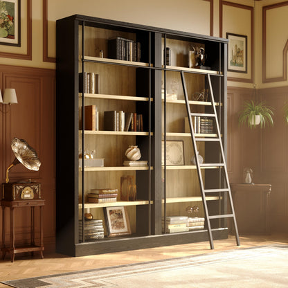 Homsee Traditional 86.6-inch Tall Bookcase Wall with Ladder, 6-Tier Office Bookshelf Storage Organizer, Display Shelf Unit for Home Office, Living Room, Black & Wood Grain