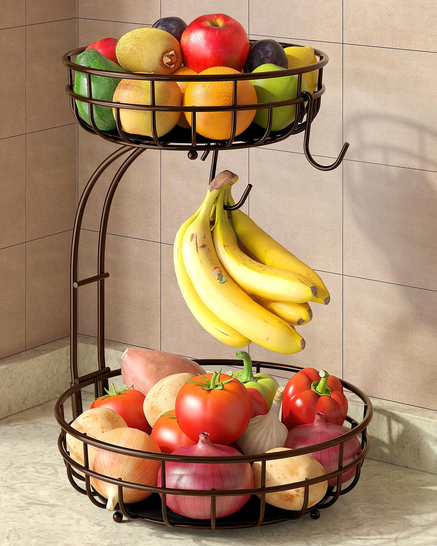 Sevenblue 2 Tier Large Fruit Basket for Kitchen Counter with Removable Banana Hanger - Sturdy Iron Fruit Bowl for Kitchen Counter and Vegetable Holder, Brown, Extra Large