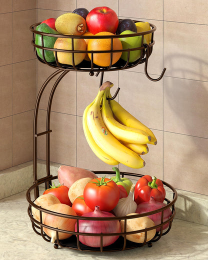 Sevenblue 2 Tier Large Fruit Basket for Kitchen Counter with Removable Banana Hanger - Sturdy Iron Fruit Bowl for Kitchen Counter and Vegetable Holder, Brown, Extra Large
