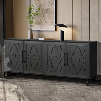 Favfurish Carved Flower Door Large Storage Cabinet,4 Doors Symmetrical Design,with Metal Handle Suitable,Adjustable Shelf,for Sleeping Room,Living Room,Kitchen,Entryway,Black