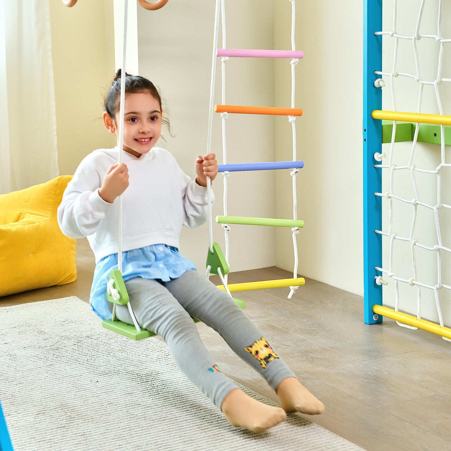 Avenlur Grove 9-in-1 Indoor Jungle Gym Playground: Montessori Waldorf Style Wood PlaySet for Kids, and Toddlers Features Monkey Bars, Rope Wall Net, Ladder, Climber, Slide, Ring Set. Ages 2-11yrs