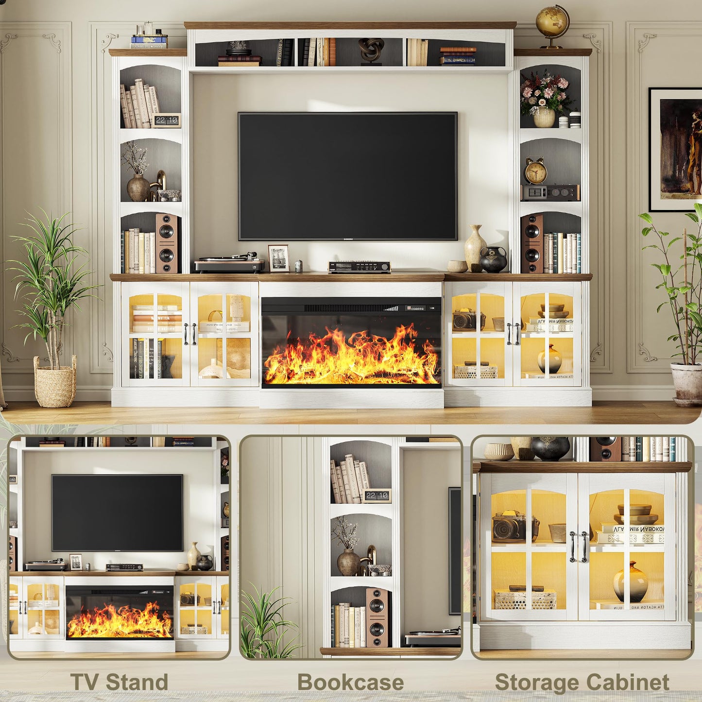 OneBlis 98" Farmhouse TV Stand with 36" Electric Fireplace, Bookshelves, Fits 75" TVs, Entertainment Center with Storage Cabinet, Large Wall Unit Media Console for Living Room, White