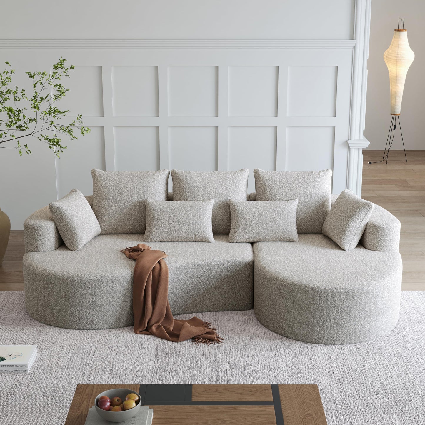 KEIKI 105" Chenille Corner Sofa with Chaise, Curved Sectional Couch, L Shaped Deep Seat Sectional Couch for Living Room, Bedroom, Beige