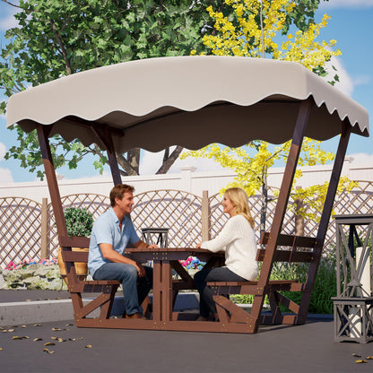 BIFULDYO Outdoor Picnic Table with Benches and Removable Canopy, 6 Person Waterproof Solid Wood Table and Chairs Set for Patios, Gardens, Decks, Parks, Beaches