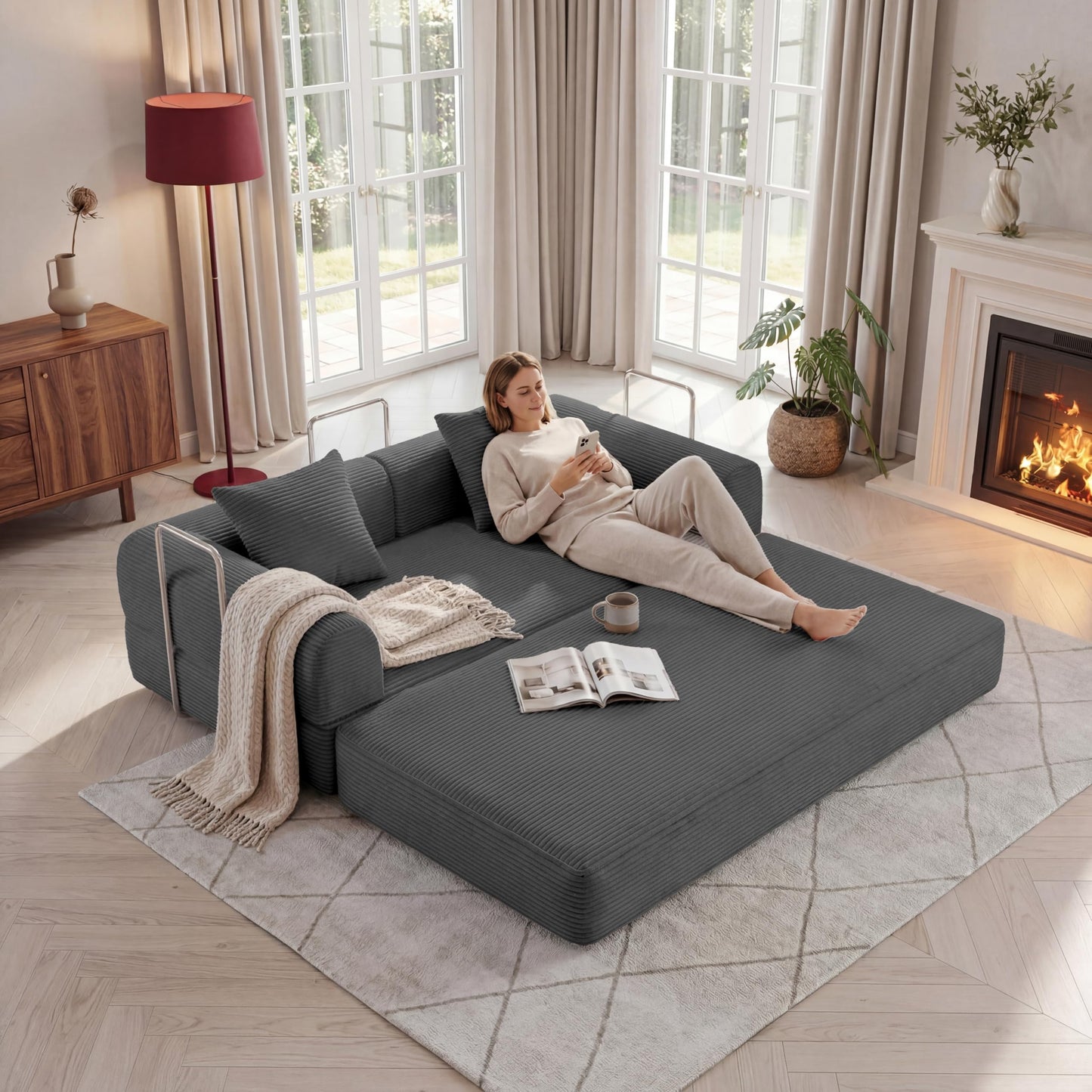 HouseMila 59" Boneless Couch,4-in-1 Futon Sofa Bed Modular Loveseat Sleeper Folding Compressed Couch with Pillows,No Assembly Required Convertible Sofa Bed for Living Room Bedroom Guest Room,Grey