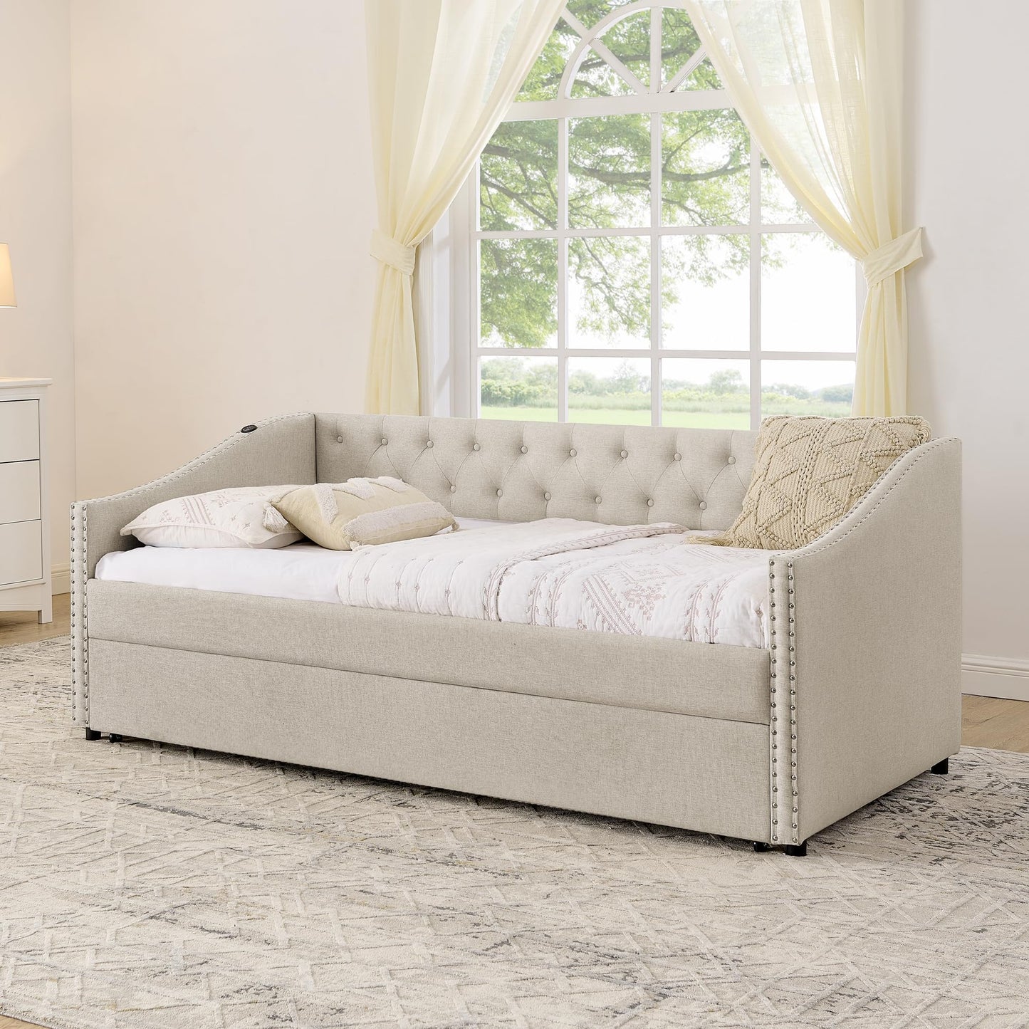 Ball & Cast Twin Size Upholstered Daybed with Pop Up Trundle & USB Port,Twin to King Daybed Frame with Button Tufted Backrest & Nailhead Trim Design, Extendable Trundle Bed,No Box Spring Neeed,Beige