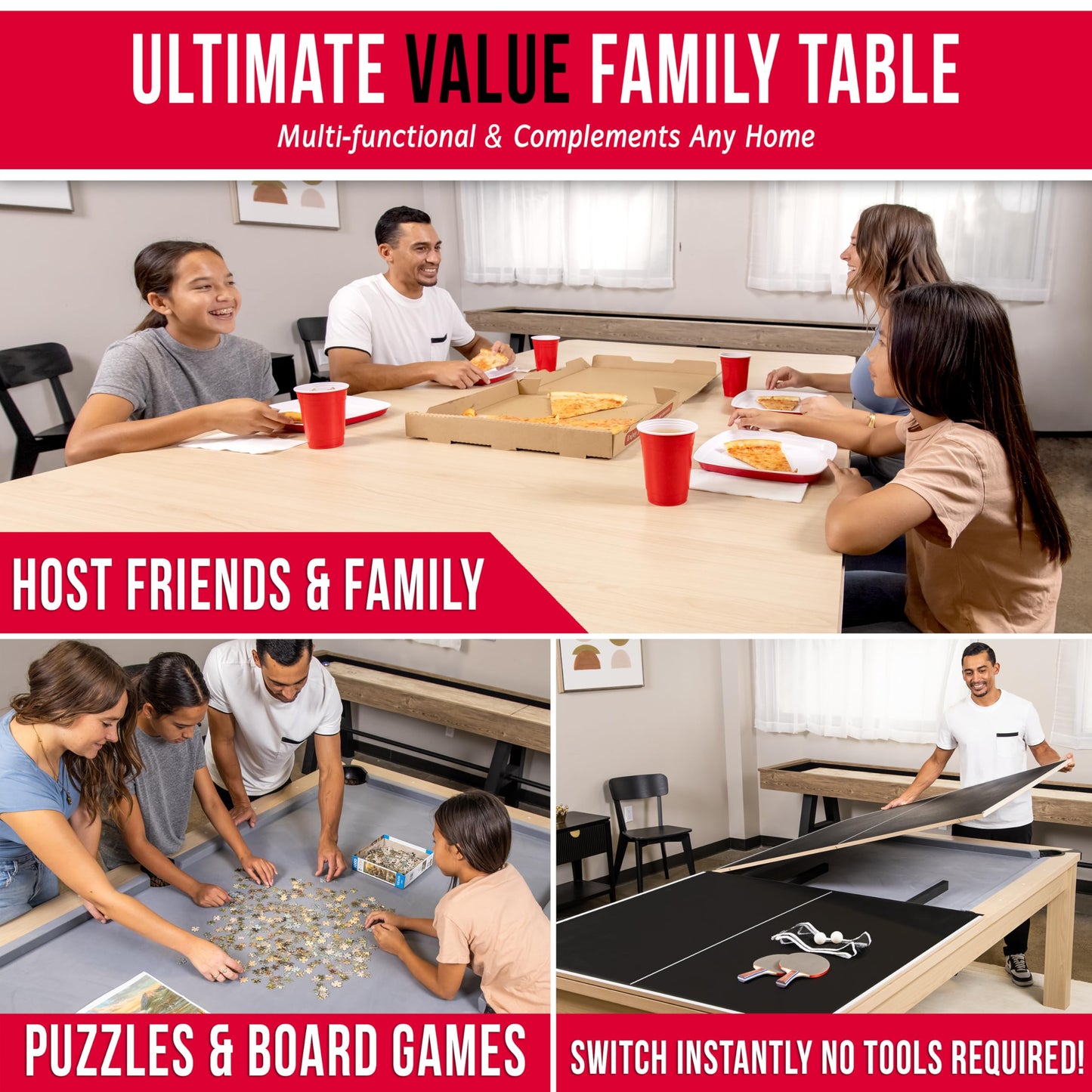GoSports 8 ft 3 in 1 Pool, Dining, & Table Tennis Combo Table and Storage Benches - Convertible Billiards with Game Accessories - Light Birch