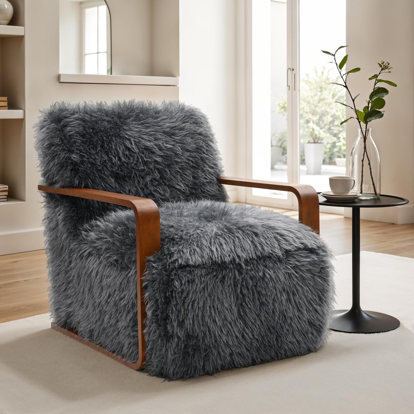 Furniture of America Ramos Modern Lounge Chair with Ultra Soft Faux Fur, Long-Haired Accent Sofa, Tight Seat and Back Single Couch, Fluffy Living Room Seating, No Assembly Needed, Charcoal Gray