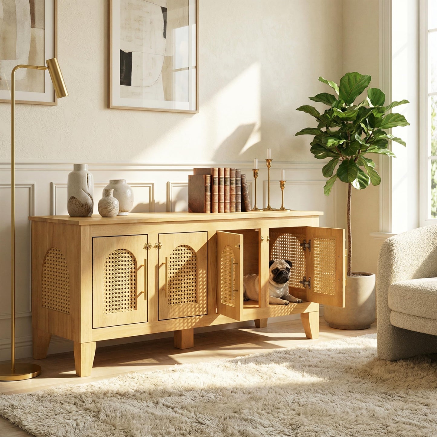 Christopher Knight Home Concun Large Dog Crate Furniture with Breathable Rattan Doors, Rubber Wood Kennel Indoor, Heavy Duty Dog Crate, Multifunctional 2-in-1 Living Room Storage Cabinet, Natural