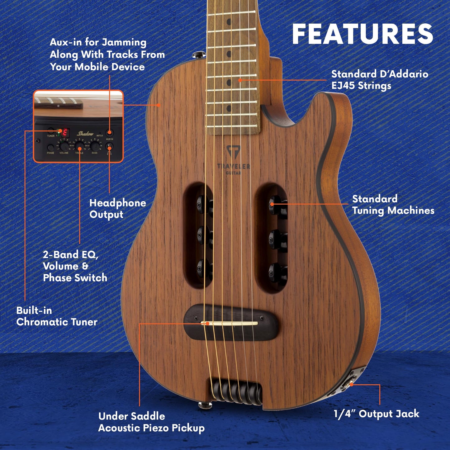 Traveler Guitar Escape Mark III Mahogany Acoustic Guitar | Portable Acoustic with Built-in Headphone Amp | Full 25.5" Scale Headless Guitar | Custom Gig Bag Included