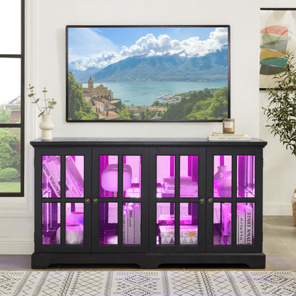 KEIKI Antique Glass Display Cabinet with LED Light Strip, Adjustable Shelves, Curio Cabinet with Tempered Glass Doors, Retro 4-Door Design for Home or Office, Black