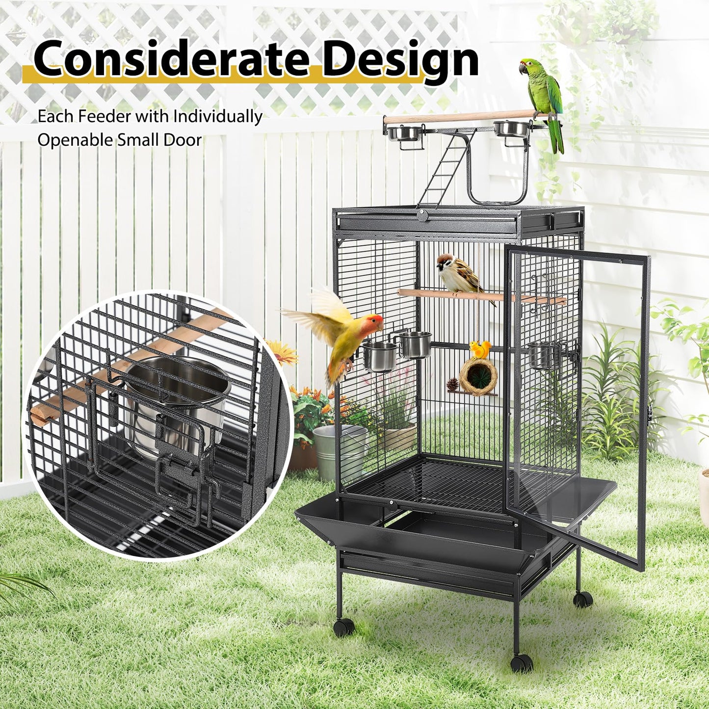 Large Vintage Wrought Iron Bird Cage - Rolling Stand, Stainless Bowls, Non-Toxic Coating, Flight Cage, Easy Clean,for Various Birds,65inch