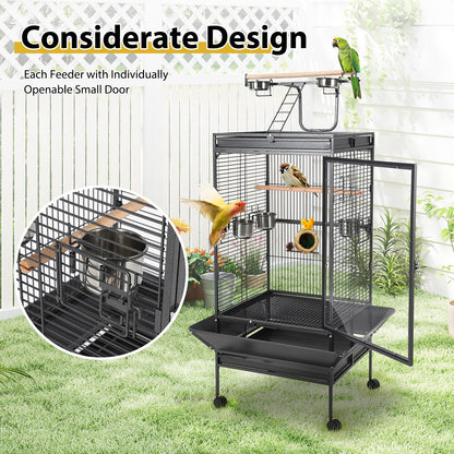 Large Vintage Wrought Iron Bird Cage - Rolling Stand, Stainless Bowls, Non-Toxic Coating, Flight Cage, Easy Clean,for Various Birds,65inch