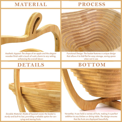 RoyalHouse Bamboo Foldable Fruit Bowl Apple Shape,12“x10.5"- Collapsible, Fruit & Vegetable Storage For Kitchen Countertop, Bamboo Fruit Basket, Tabletop Fruit Serving Bowl